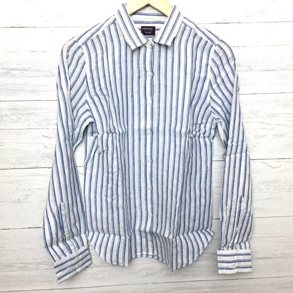 New UNTUCKit Women's Linen Shirt Whelen Blue & White Stripe Button Up size 4 - Picture 9 of 9